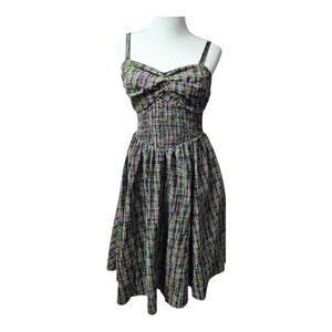 Unique Vintage Black Rainbow Plaid Smocked Swing 50s Dress Sz S #70